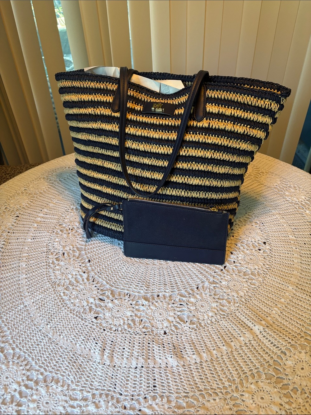 Ralph Lauren Navy and Natural Straw Stripe Beach Tote